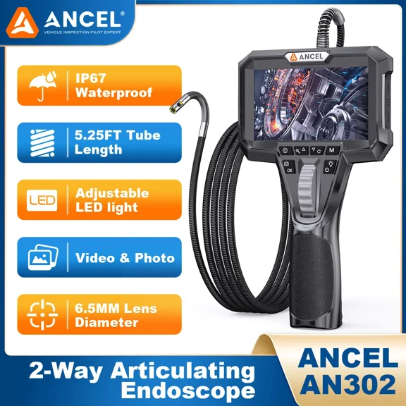 ANCEL AN302 Two-Way 210° Industrial Articulating Borescope 6.5MM Dual Camera HD Endoscope with 7 LED Lights