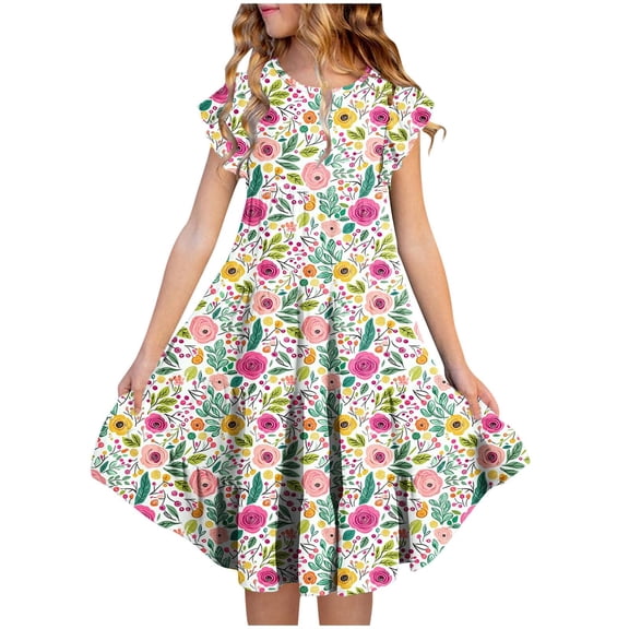 Girls Ruffle Sleeve Dress,Kids Flutter Sleeve Floral Print Tiered Dress