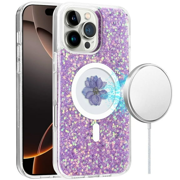 For Apple iPhone 16 Pro (6.3") Magnetic Circle MagSafe Wireless Compatible Epoxy Glitter Flower Shiny Sparkle Bling Hybrid Slim TPU Cover ,Xpm Phone Case [ Purple ]