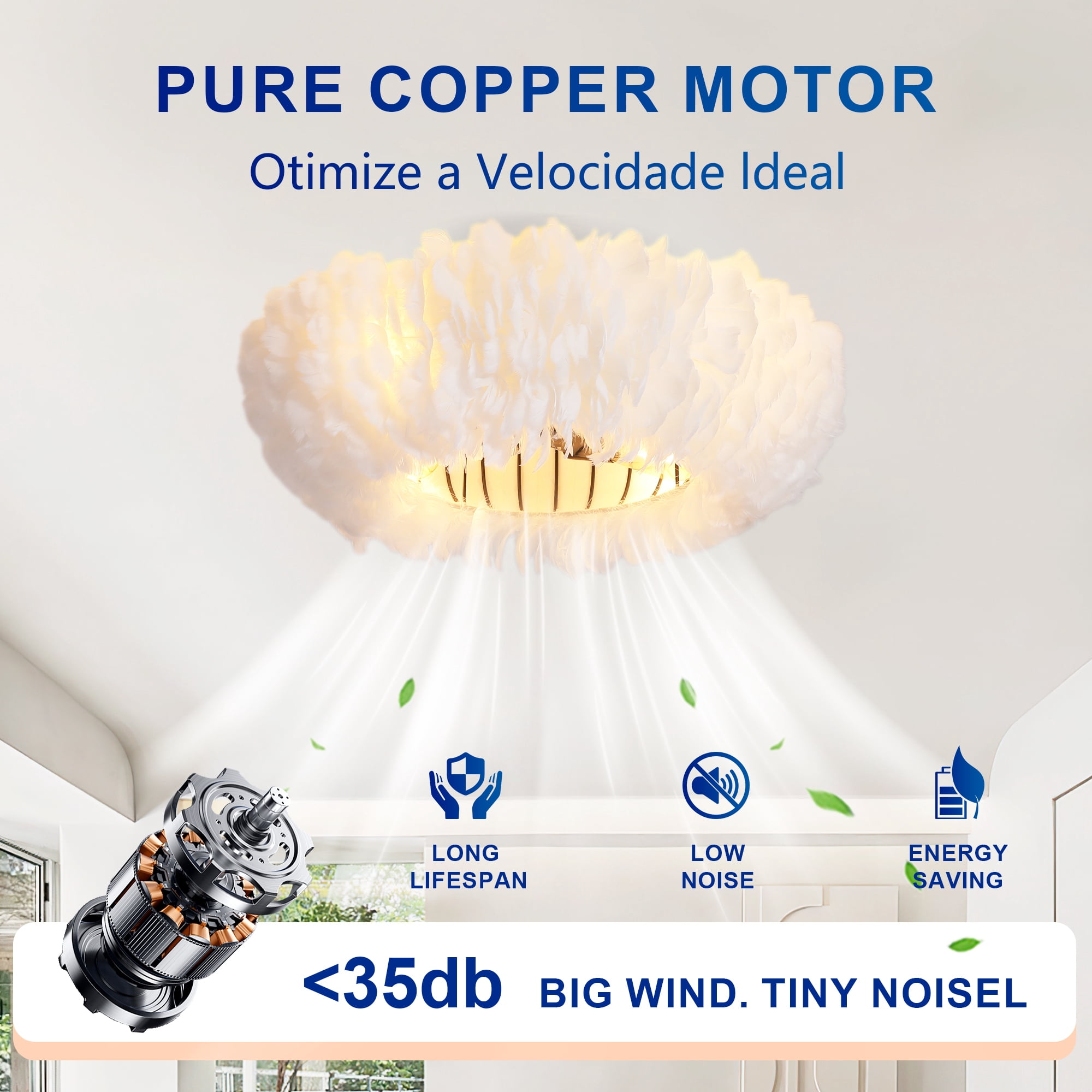 Leumius 20" Feather-Dressed Caged Ceiling Fans with Light and Remote Control, Chandelier Fan 6 Speed DC Motor Reversible Ceiling Fan for Living Room Bedroom (NOT Included Bulbs)