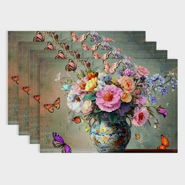 BCIIG Colorful Butterfly Placemats Watercolor Retro Flowers Bouquet Place Mats for Kids Girls Women Wild Garden Floral Rustic Style Dreamy Kitchen Mats for Dining Table  Set of 4 18x12in