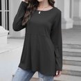 thumbnail image 2 of Camiseta de manga larga para mujer con bolsillos, cuello redondo, decoración de botones superiores para todas las estaciones, negro S, 2 of 6
