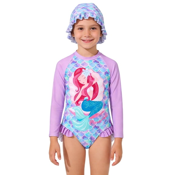 ZXLBBD Girl Swimsuits Long Sleeve Swimsuit Floral Gradient Scale Print with Detachable Ruffle Skirt and Matching Swim Cap Casual Beah Swimming