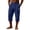 Dark Blue, variant on 3/4 Capris For Men Elastic Waist Cotton Linen Blend Straight Leg Capri Pants With Small Leather Button Placket Patch Loose Wrinkle Texture Long Shorts Breathable Summer Cropped Trousers