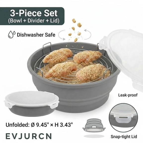 Evjurcn Collapsible Breading Bowl with Stainless Steel Tray – No-Leak Mess-Free Shaker for Chicken, Fish, Onion Rings – Silicone Batter Bowl with Lid, Dishwasher Safe, Space Saving