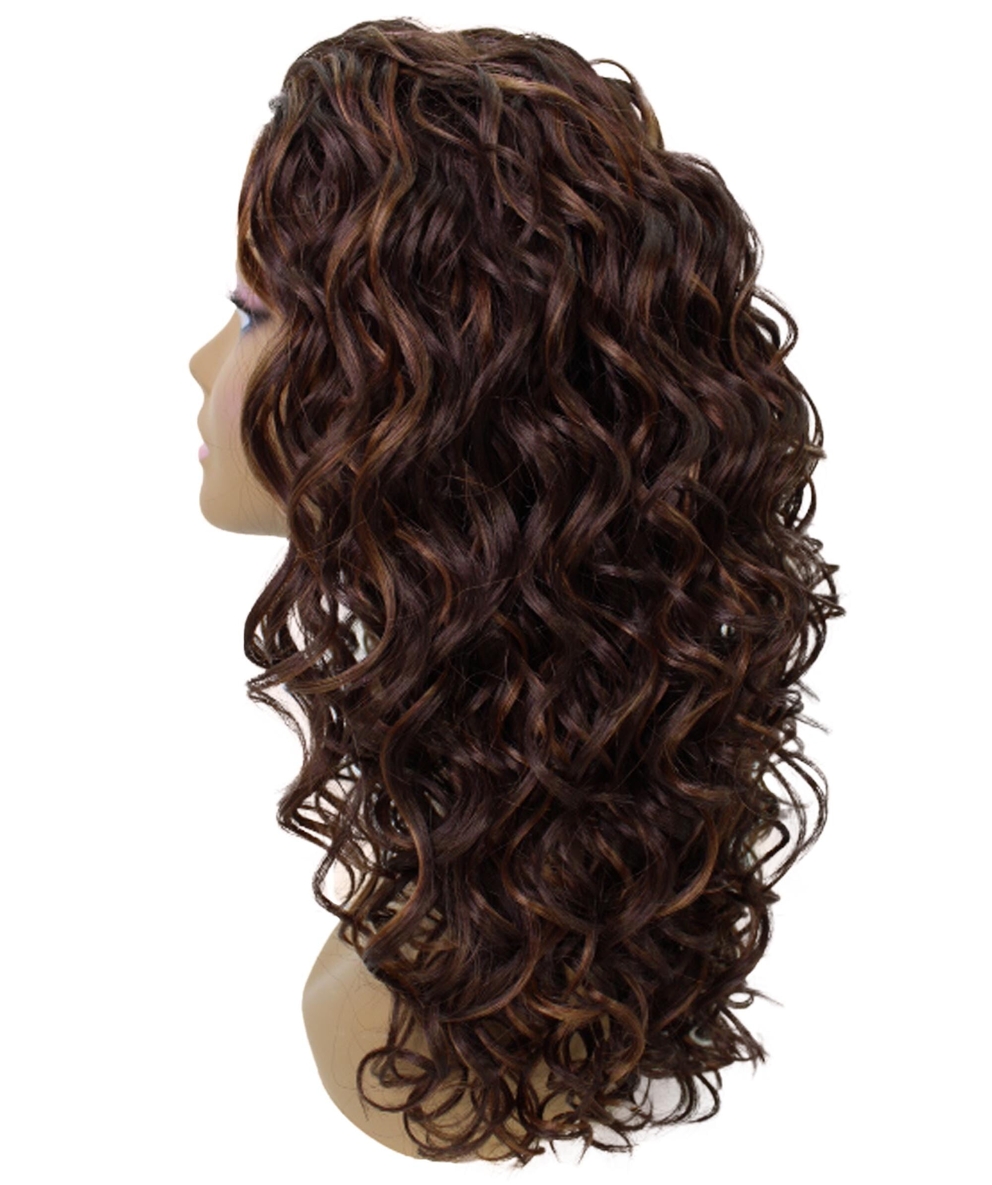 LUXLUXE Edwina Curly Layered 17 in Long Half Wig Mix Human Hair and Synthetic Fibers, Brown with Caramel Highlights
