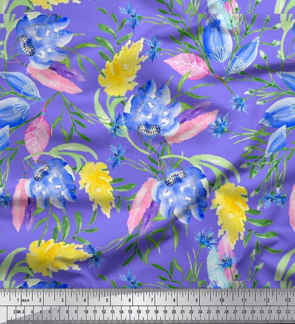 Soimoi Cotton Duck Fabric Leaves,Feather & Floral Watercolor Print