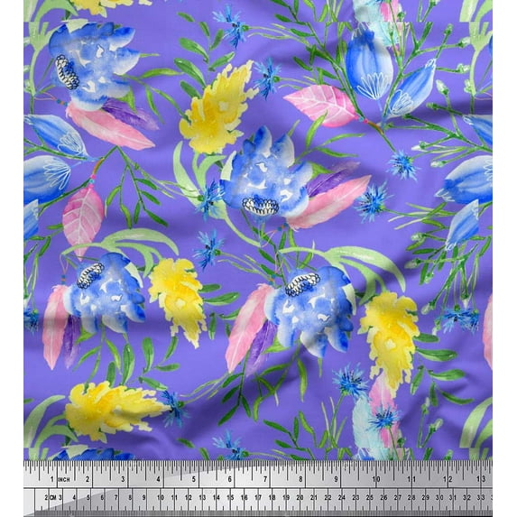 Soimoi Cotton Voile Fabric Leaves,Feather & Floral Watercolor Print Fabric by The Yard 56 Inch Wide
