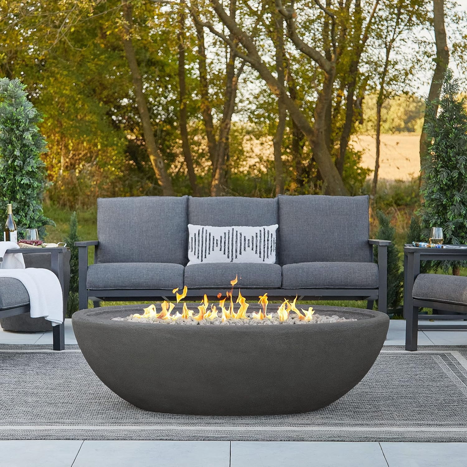 Real Flame Riverside 58" Oval Concrete Propane Fire Pit in Shale