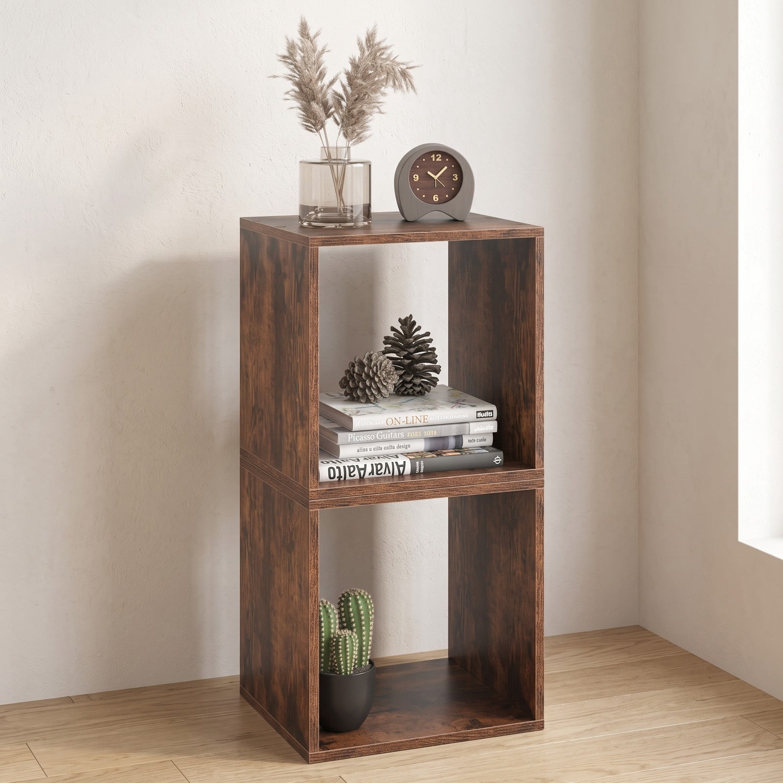 Furnibear Cube Storage Organizer Set of 2, Stackable Modular Wood Bookcase Cubby Shelf for Living Room Bedroom Study Office, Display Bookshelf with, Rustic Brown