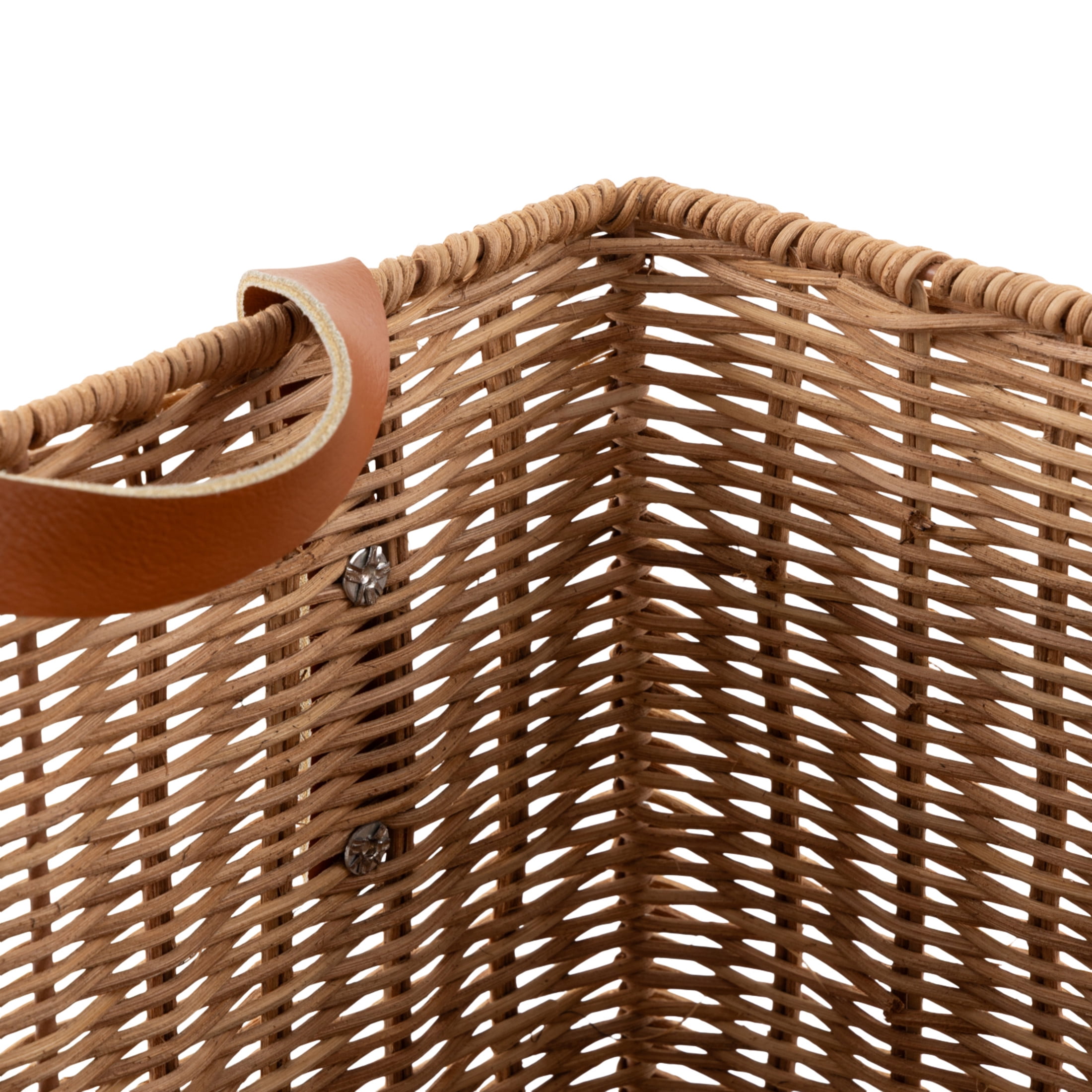DecMode 12" x 9" Brown Rattan Handmade Woven Storage Basket with Leather Handles, 1-Piece
