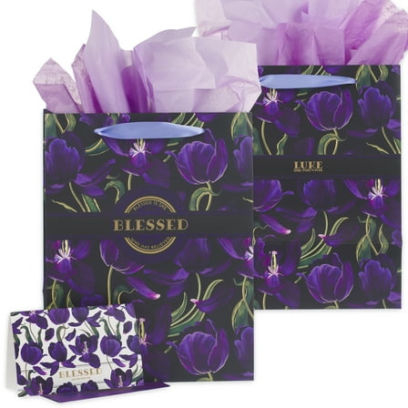 Christian Art Gifts Large Portrait Scripture Gift Bag, Greeting Card & Wrapping Tissue Paper Set for Women: Blessed Inspirational Bible Verse, Colorful Florals, Gold Foil, Satin Handles, Black/Purple
