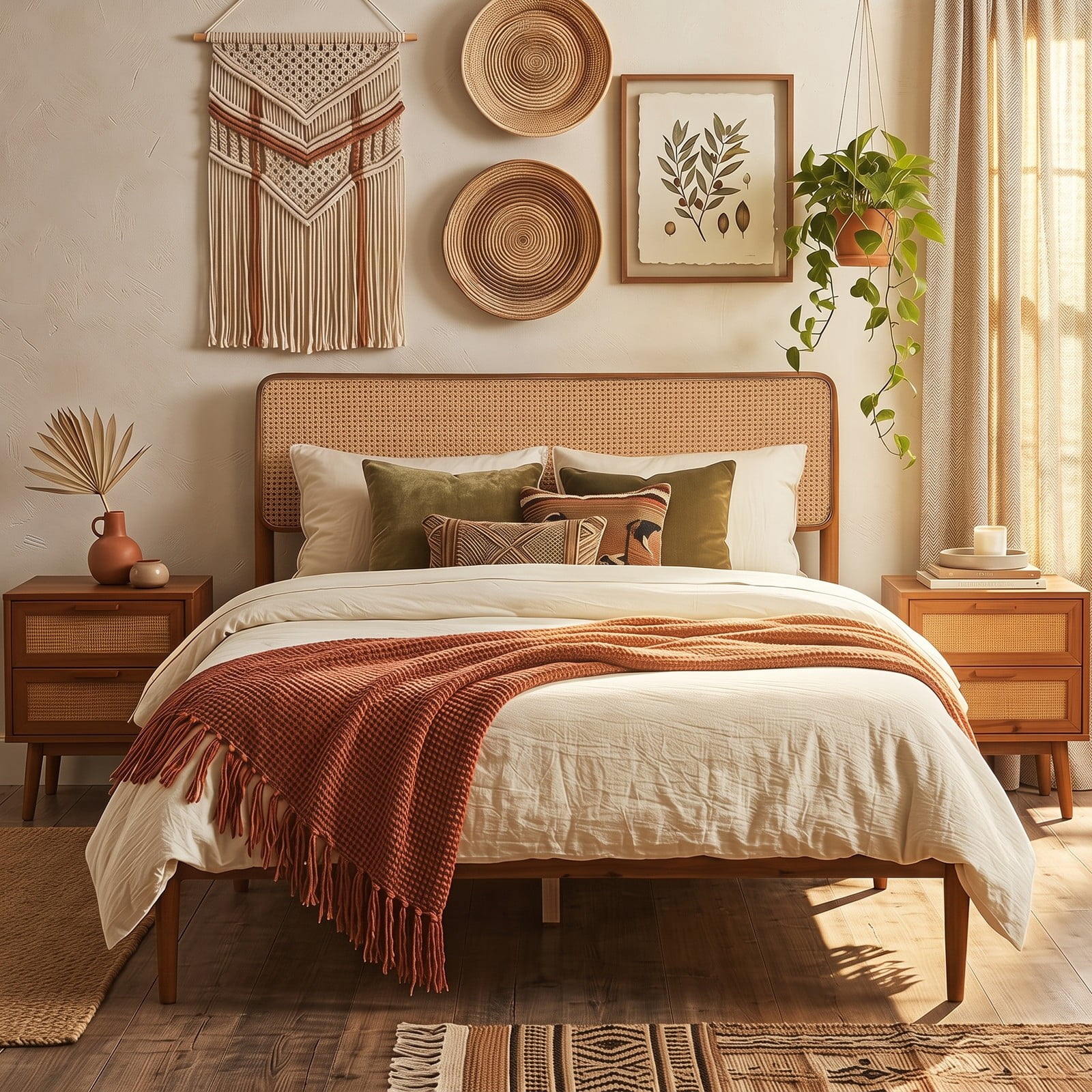 Furnibear Full Size Bed Frame with Storage, Boho Rattan Wood Platform Bed Frame with Acacia Slat Support, No Box Spring, Brown