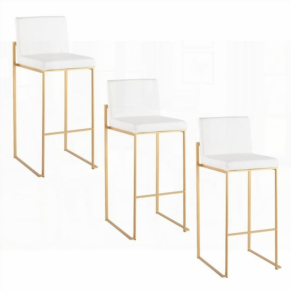 Contemporary 30" Gold Steel & White Faux Leather Barstools Set of 3 - High Back Comfort