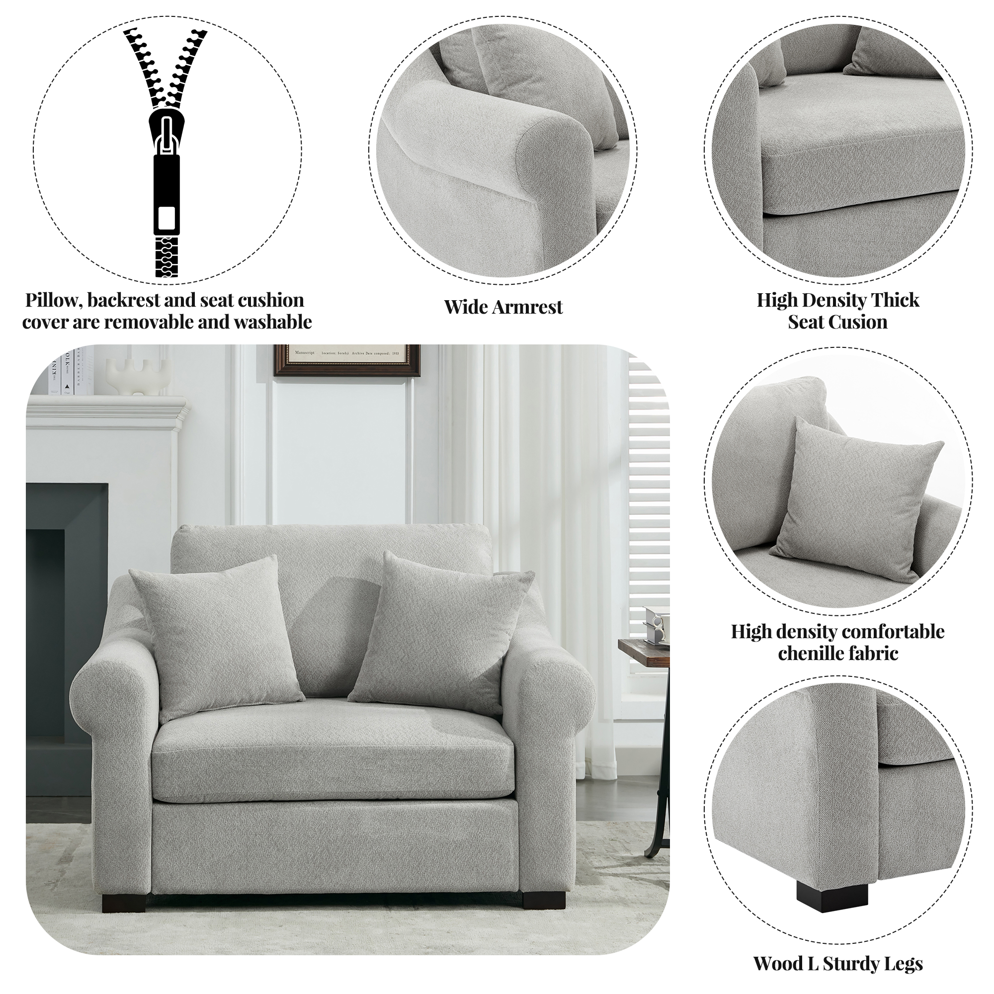 Euroco Modern Chenille Oversized Armchair, Chair and a Half, Single Sofa for Bedroom, Living Room,44.5" Wide, Light Grey