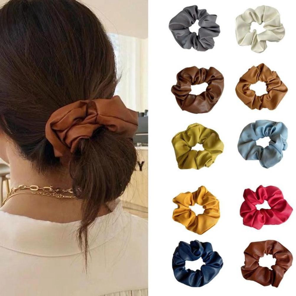Soft Leather Hair Scrunchies Elastic Ponytail Holders for Thick Hair Glossy Hair Ties Elastic Hair Bands Rope for Women Girls Korean Hairstyle Hair Accessories L9R7