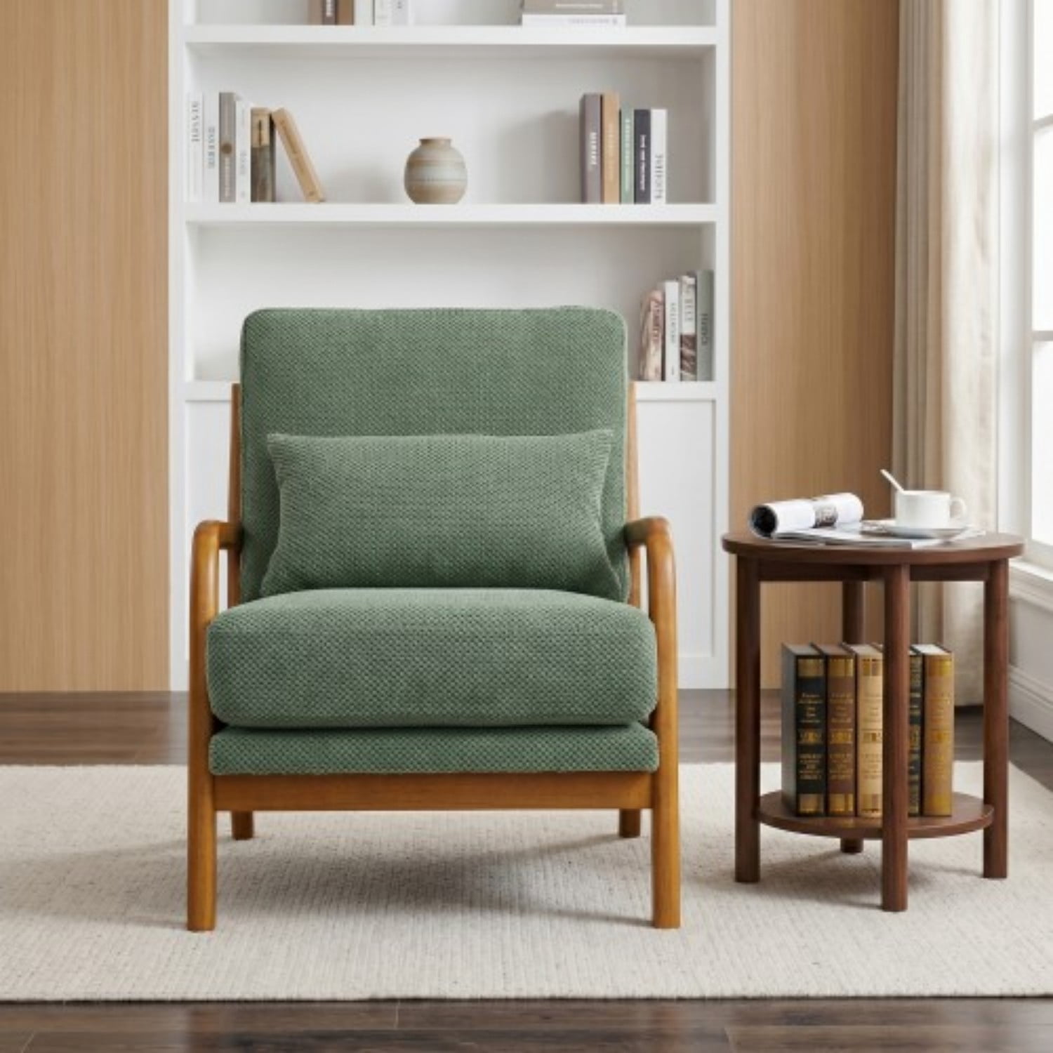 Wooden Lounge Accent Chair with Solid Wood Armrests, Upholstered Reading Chair with High-Density Foam Cushion, Modern Leisure Armchair for Living Room, Bedroom, Balcony & Office, Dark Green