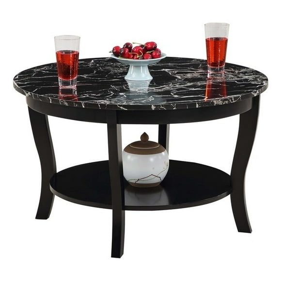 Convenience Concepts American Heritage Round Coffee Table, Classic, with Shelf, Two Tiers and Faux Marble Top, Black