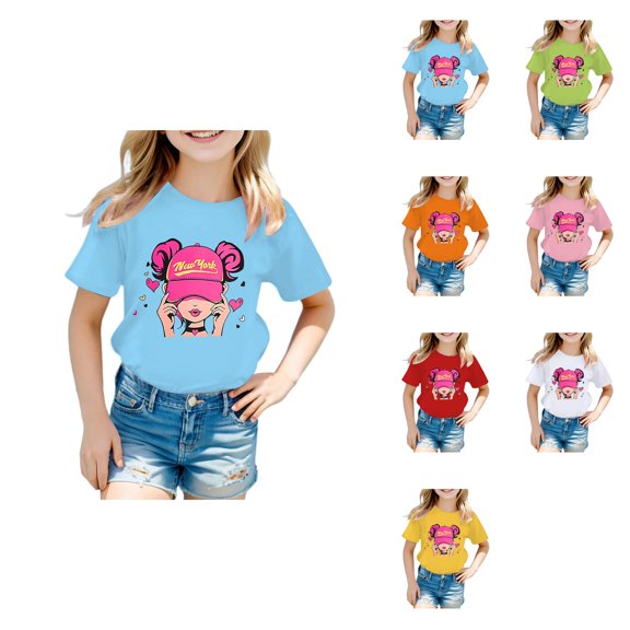 Kid Girls Graphic Tee Shirt Short Sleeve Round Neck Casual Preppy Style Summer Tops