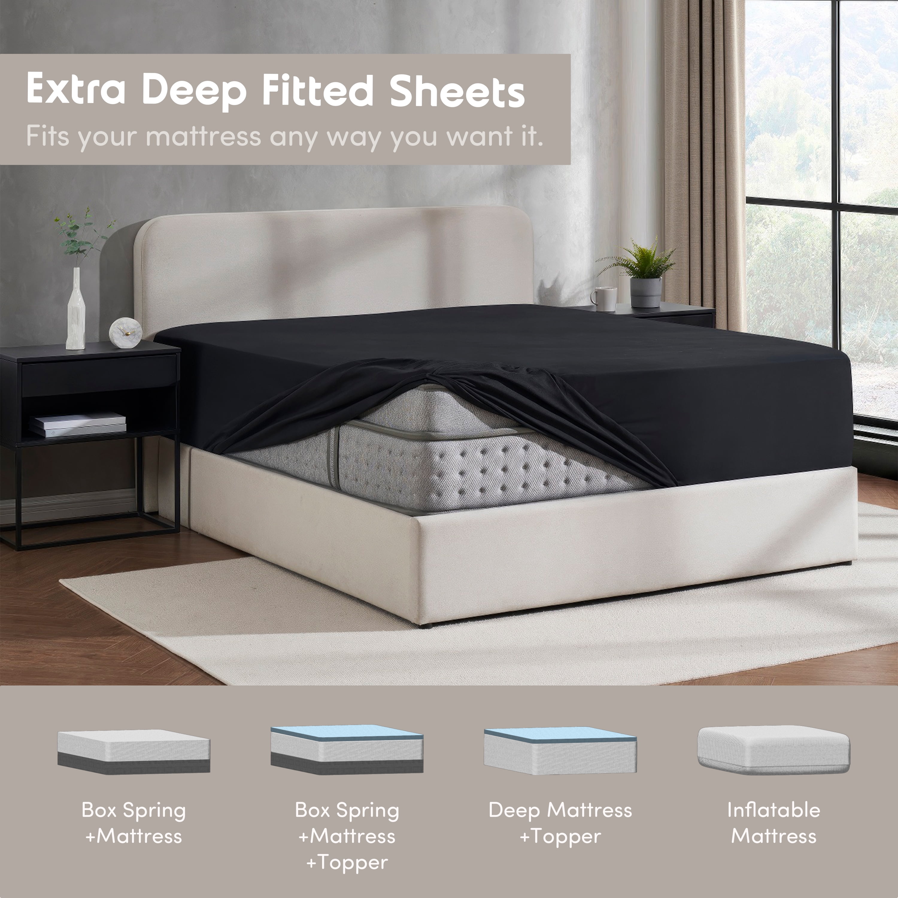 Lammaloe 2 Pack Extra Deep Pocket Queen Fitted Sheet Only, Fits 18" to 24" Mattress, Soft Microfiber Fitted Bed Sheet, Black