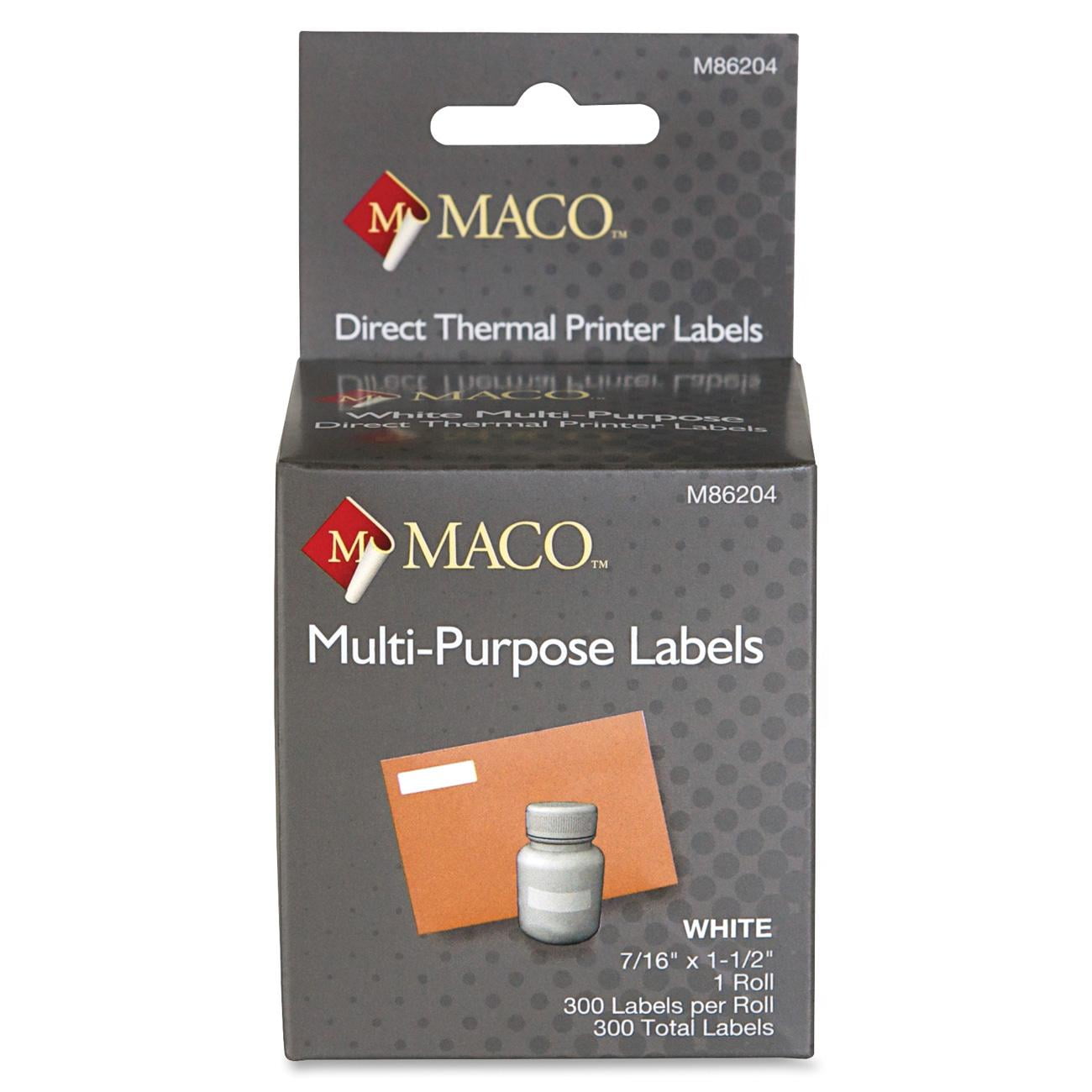 Maco, MACM86204, Direct Thermal Printer Labels, 300 / Roll, Bright White