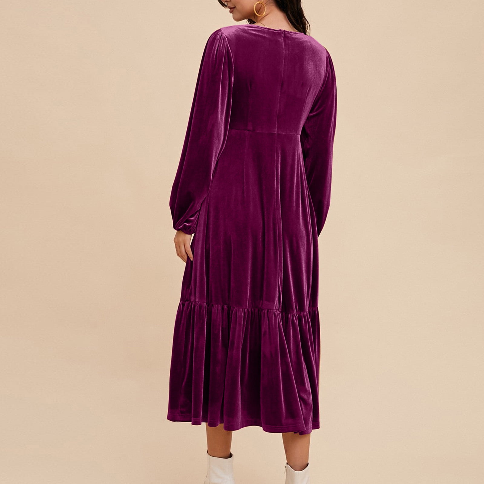 Women's Dressy Dress Puff Long Sleeve V Neck Tiered Casual Loose Velvet Dress Trendy Cocktail Party Night Elegant Midi Dress Purple,L