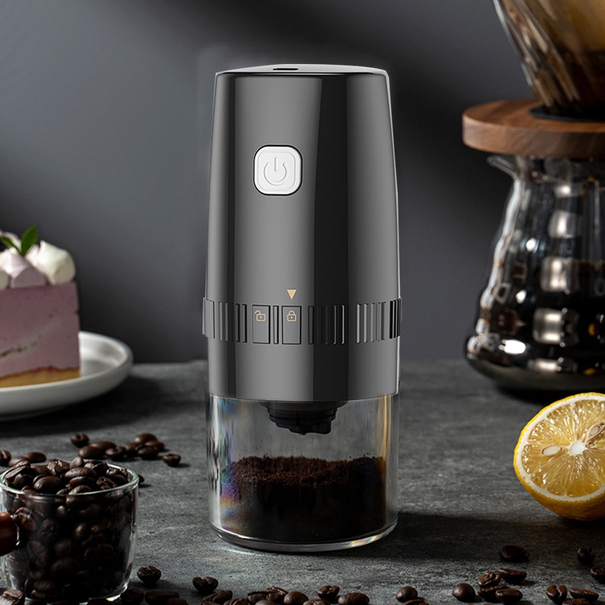 Portable Electric Burr Coffee Grinder, Small Automatic Ceramic Conical Spice Grinder, Slow Coffee Bean Grinder with Setting - black