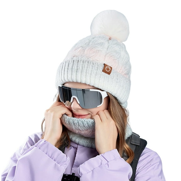 ievspot 1 Set Women Winter Hat And Scarf Set Plush Ball Decor Contrast Color Thick Plush Line Outdoor Ski Skating Cycling Neck Cover Cap Set