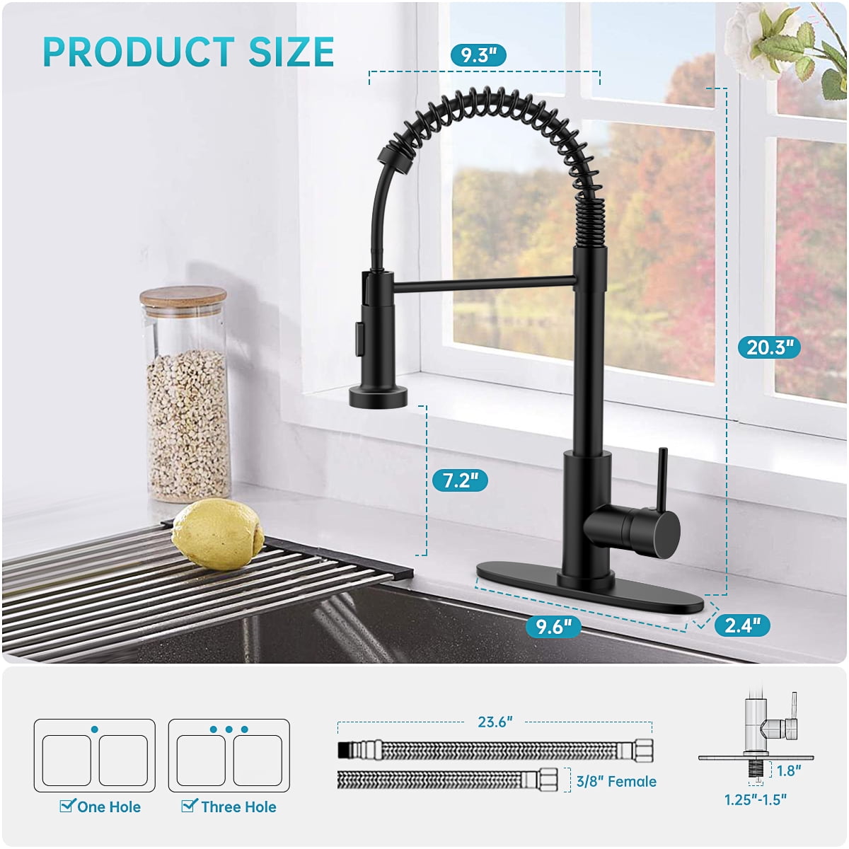Kitchen Faucet w/ Pull Down Sprayer, High Arc Spring Kitchen Sink Faucet, Modern rv Single Handle Water faucets with Deck Plate&Water Lines, Dual Function for Bar/Laundry/Utility Sink(Matte Black)