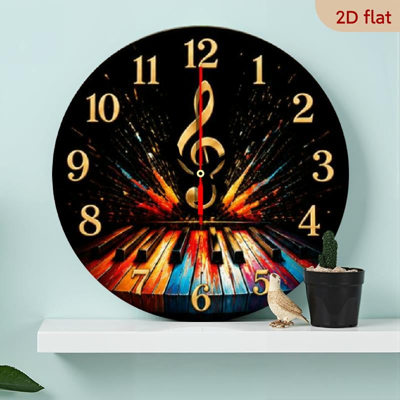10 Inch Round Wall Clock, Sophisticated Piano Keyboard and Treble Clef Motif, Silent Non-Ticking Quartz Clock for Modern Home and Office Decor