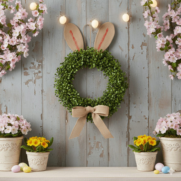 AHeartcove 24" Easter Bunny Wreath for Front Door, Artificial Greenery Rabbit Wreath with Burlap Ears Bow, Spring Farmhouse Wall Decor, Cute Faux Boxwood Animal Hanging Ornament for Home Window