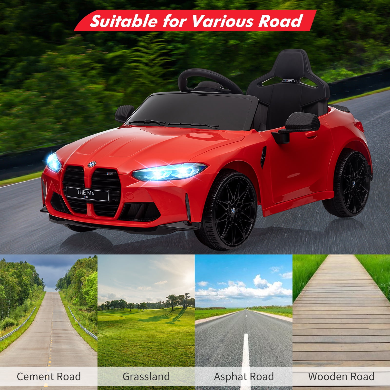 Joyspirit BMW M4 Licensed Remote Control Electric Ride-On Car for Kids - Bluetooth, 3-Speed, LED Lights, Suspension System,Red, Ideal for Ages 37-83 Months