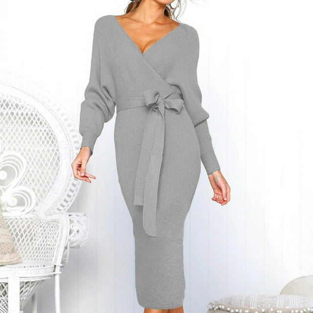QIPOPIQ Robes pour Femmes pour Invitée de Mariage Fête Manches Courtes Nouvelle Robe d'Automne et d'Hiver d'Été Aguichant à Col en V à Nouer Robes à Manches Longues Offres 2023