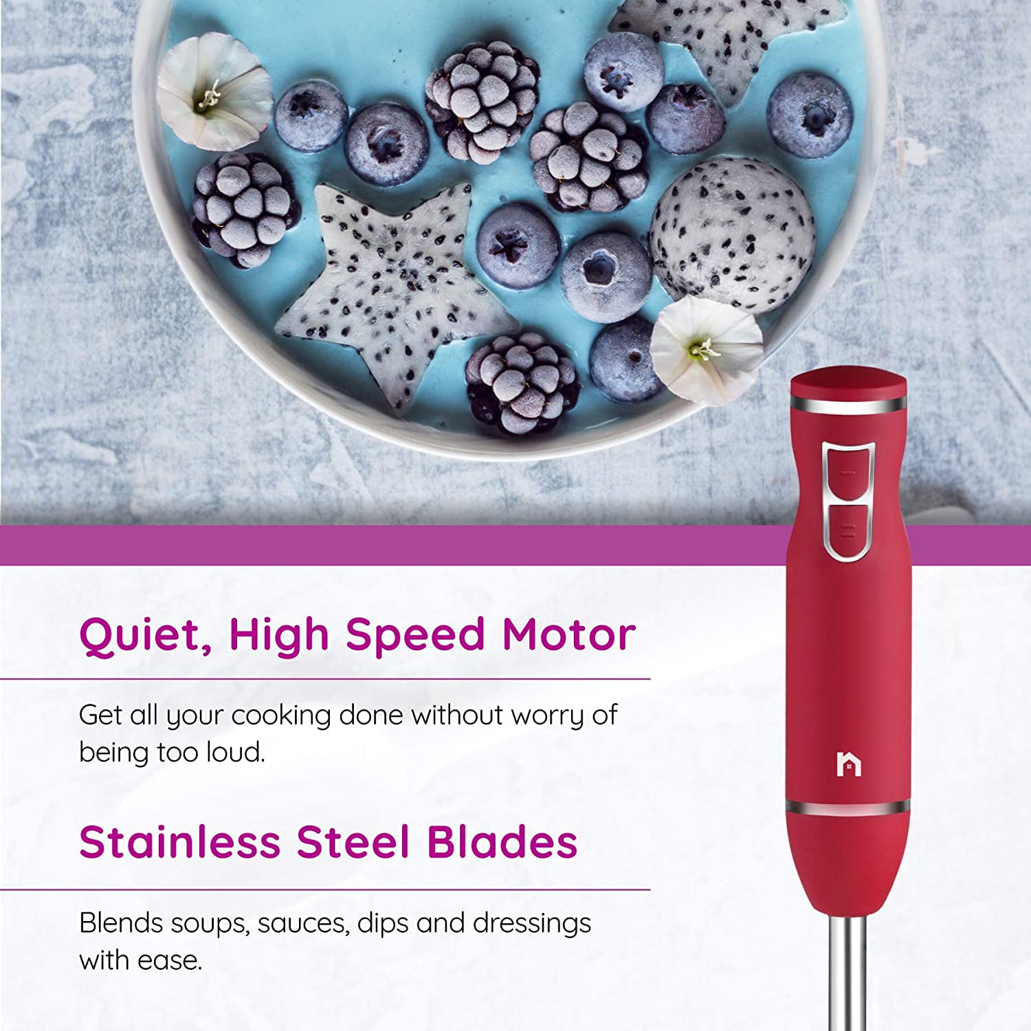  New House Kitchen Immersion Hand Blender 2 Speed Stick Mixer  with Stainless Steel Shaft & Blade 300 Watts Easily Food, Mixes Sauces,  Purees Soups, Smoothies, and Dips, Red : Everything Else