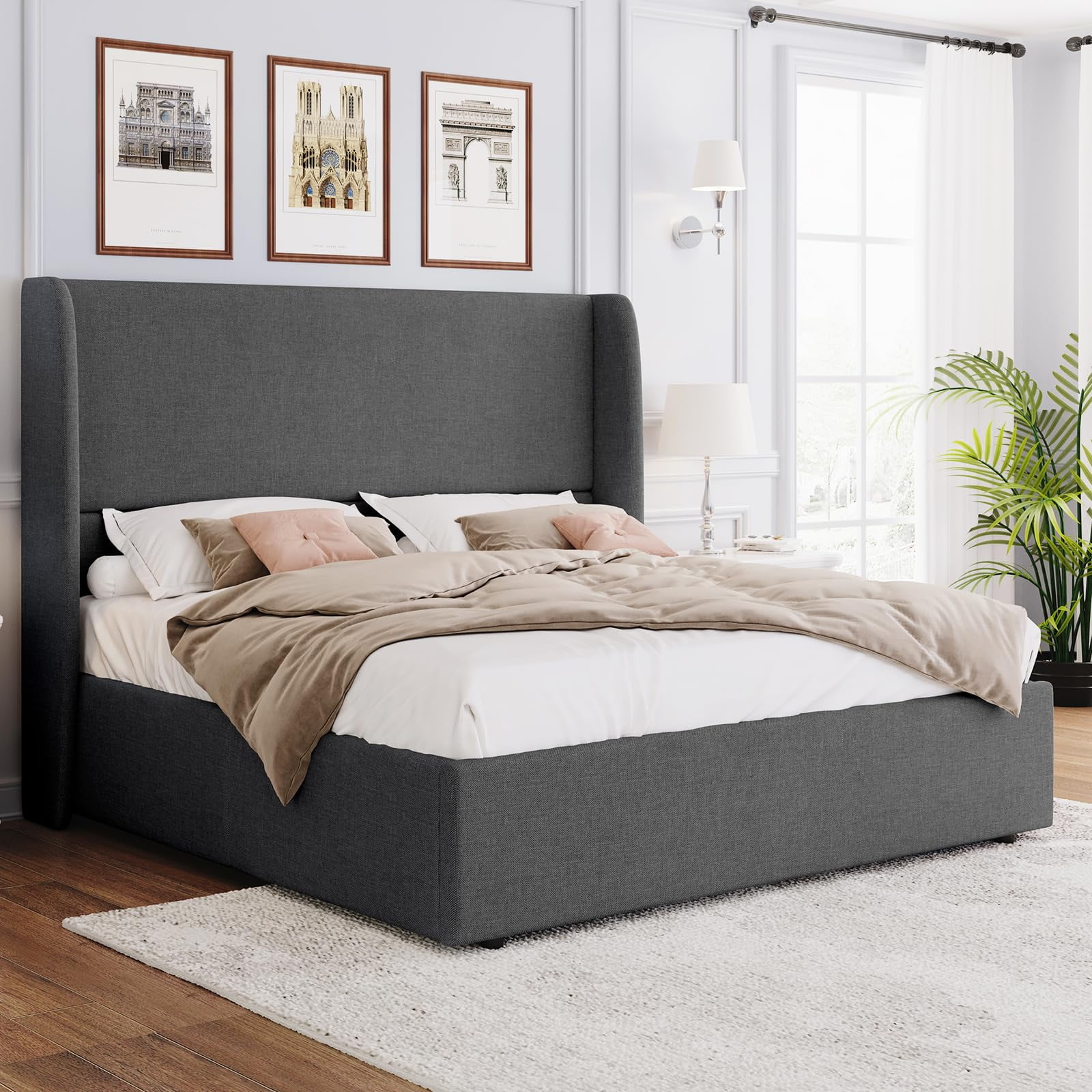 VanAcc Lift up Storage Bed Queen Size Upholstered Platform Bed Frame, Modern Wingback Headboard, No Box Spring Needed, Light Grey
