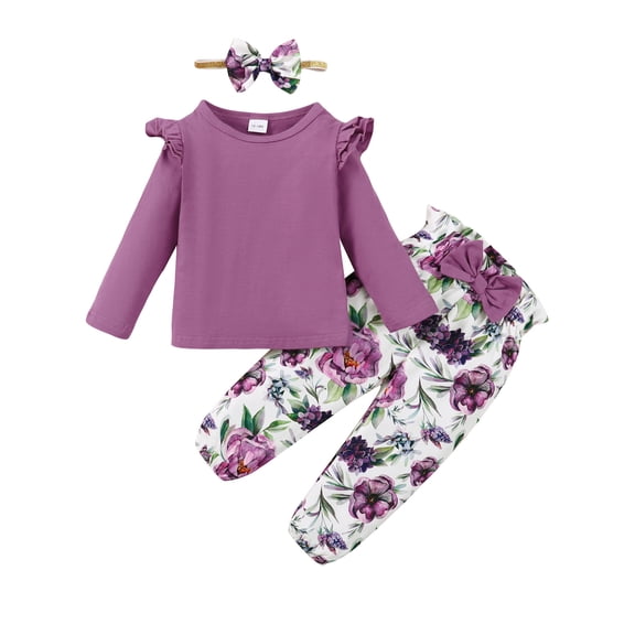 WESIDOM Toddler Girl Clothes Outfit Casual Long Sleeve Floral Flower Top Pant Headband 3Pcs Set 1-5T