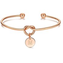 Giorgio Bergamo Stainless Steel Rose Gold Plated Love Knot Initial Disc Bangle All 26 Letter Alphabet, Cuff Bangle Bracelet, M, Rose