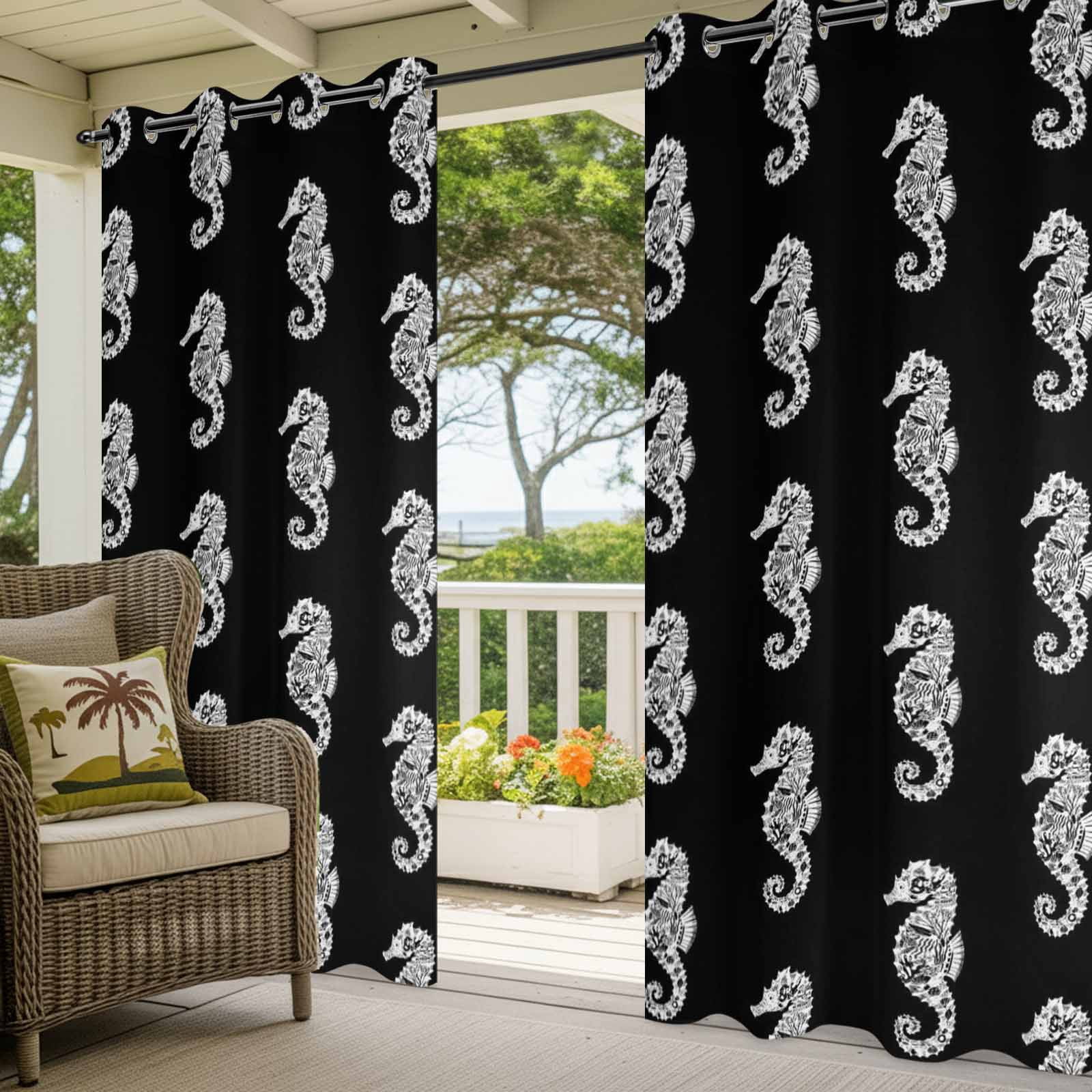 White Seahorse Outdoor Curtains for Patio, Watercolor Retro Summer Coral Ocean Black Background Sunshade Privacy Drapes Grommet Waterproof Outside Curtains for Porch/Cabana/Balcony 54"x 108", 1 Panel