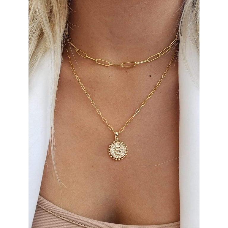 Initial Necklace for Women Girls 18K Gold Plated Letter Necklaces Round Disc Double Side Engraved Pendant