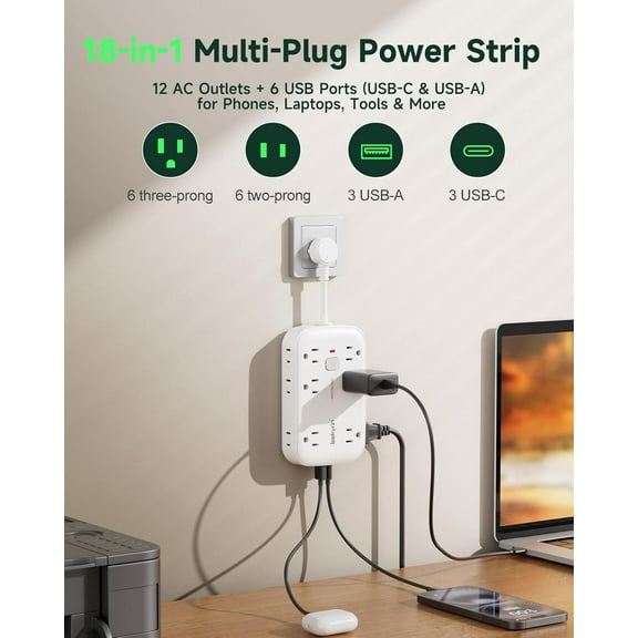 JUNCHI-Short Extension Cord 1875W - Flat Plug Power Strip Surge Protector with 12 Outlets & 6 USB(5V/4.8A 24W)Ports, 1080J Multi Plug Wall Outlet Splitter for Home Office Bedroom Kitchen Desktop Acce