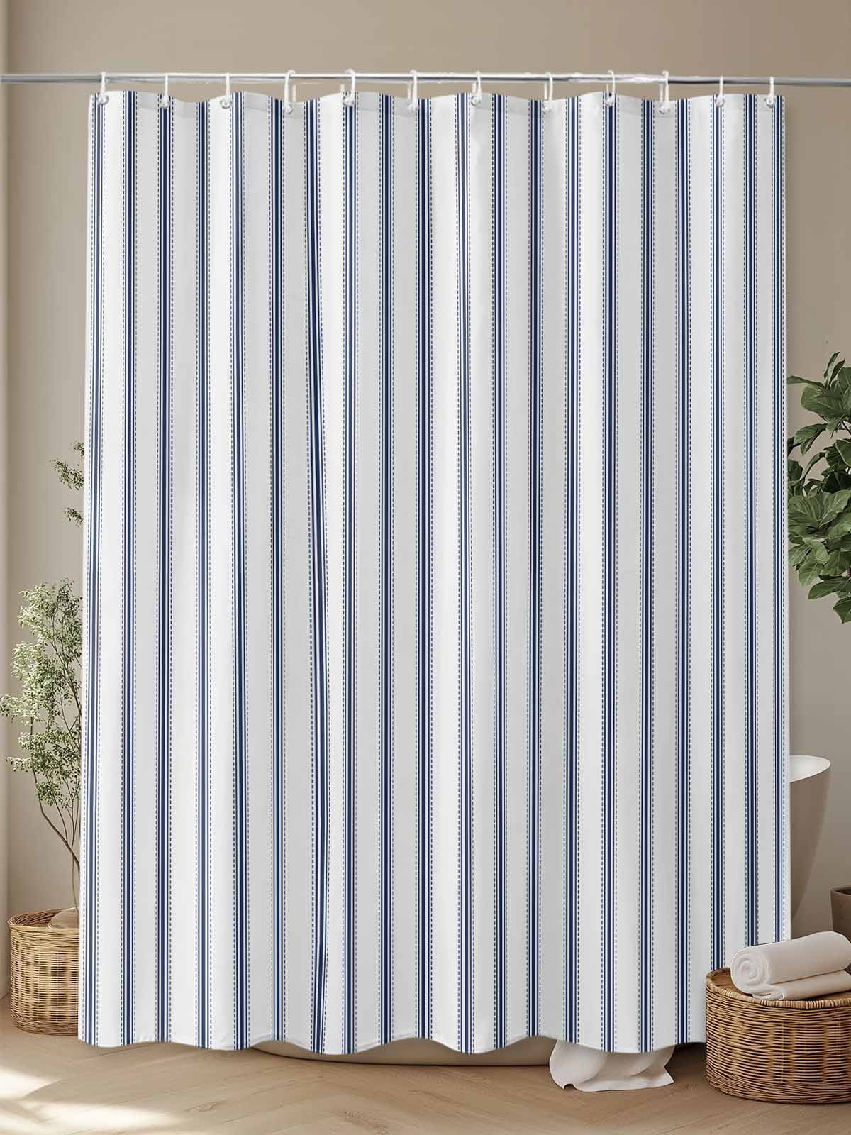 Navy Blue Striped Standard Shower Curtain Set, Waterproof Shower Curtains for Bathroom, Navy Blue White Stripes Farmhouse Washable Fabric Cloth Bath Curtain for Bathtub with Hooks 72x72 Inches