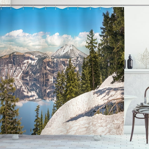 Nature Scene Shower Curtain, Clear Blue Crater Lake with Snowy Mountains and Cloudy Sky Wild Landscape, Fabric Bathroom Set with Hooks, 69W X 84L Inches Extra Long, Multicolor, by Ambesonne