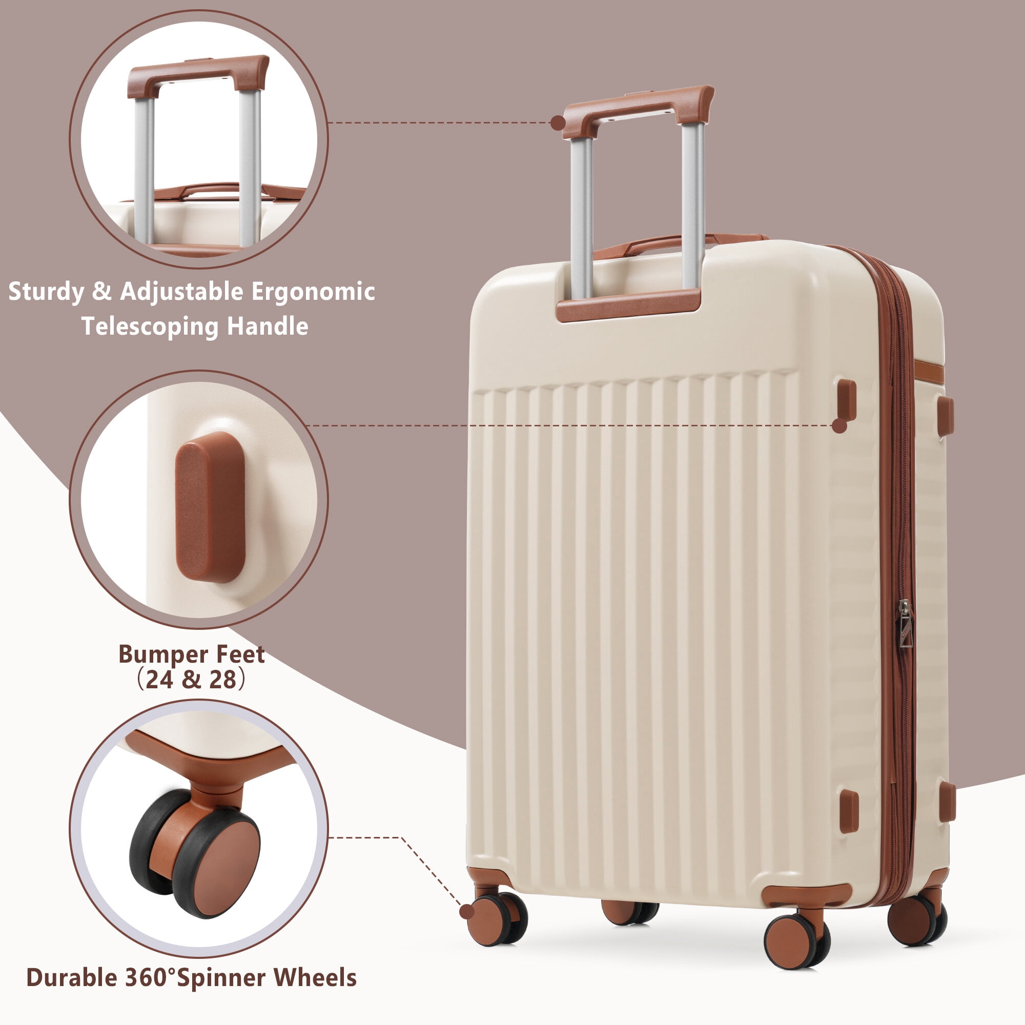 Hardside Suitcase, Luggage Set 5 Piece, Hardside Carry on Suitcase , Expandable Luggage with Travel Bags Spinner Wheels TSA Lock, Brown+White Hardside Luggage,Abs Hardside Checked Luggage
