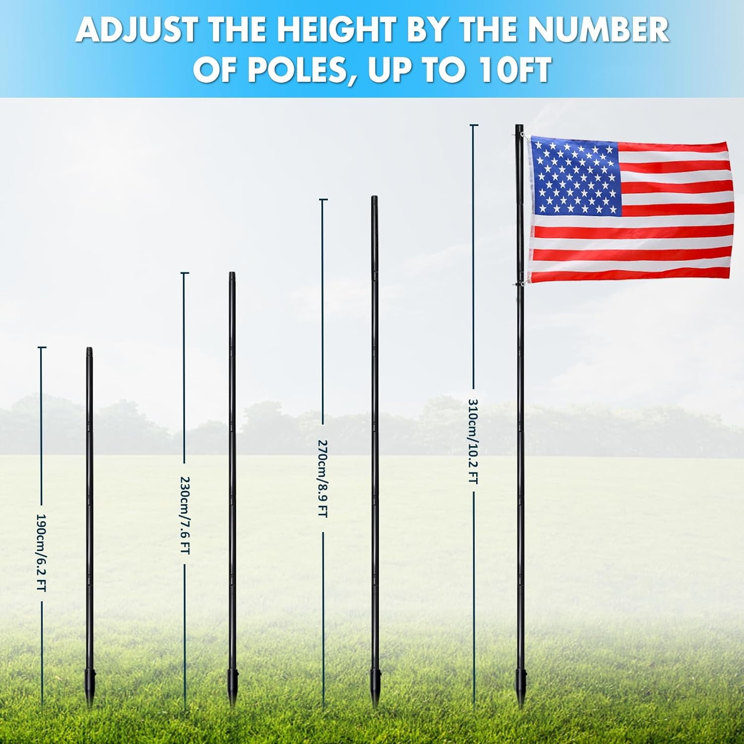 Yeyebest 10 Ft  Ground Mount Black Alloy Iron Sectional Garden Flagpole with 3x5 Flag, 1 Piece