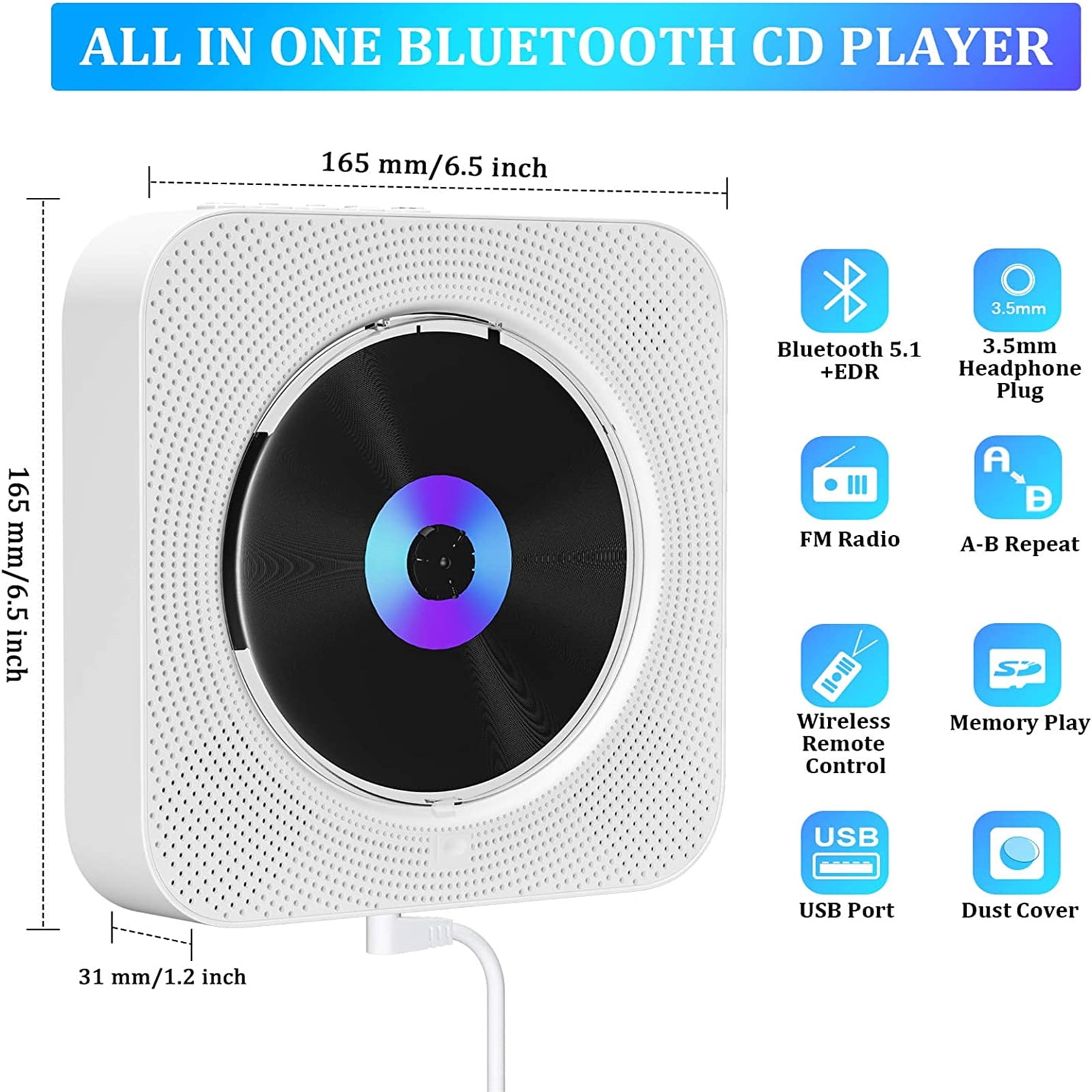 Qoosea Portable CD Player with Bluetooth, Wall Mountable CD Music Player, Home Audio Boombox with Remote Control Built-in Hifi Speakers MP3 Headphone Jack Aux Input Output