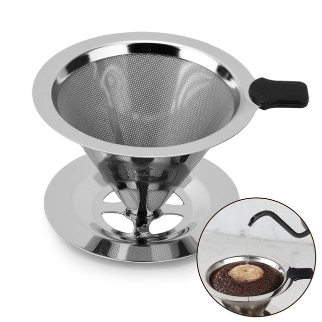 Filtro de café, gotero de malla de acero inoxidable reutilizable, filtro de café de cono de goteo sin papel con soporte, herramientas de cocina para cafetera manual, 1-3 tazas