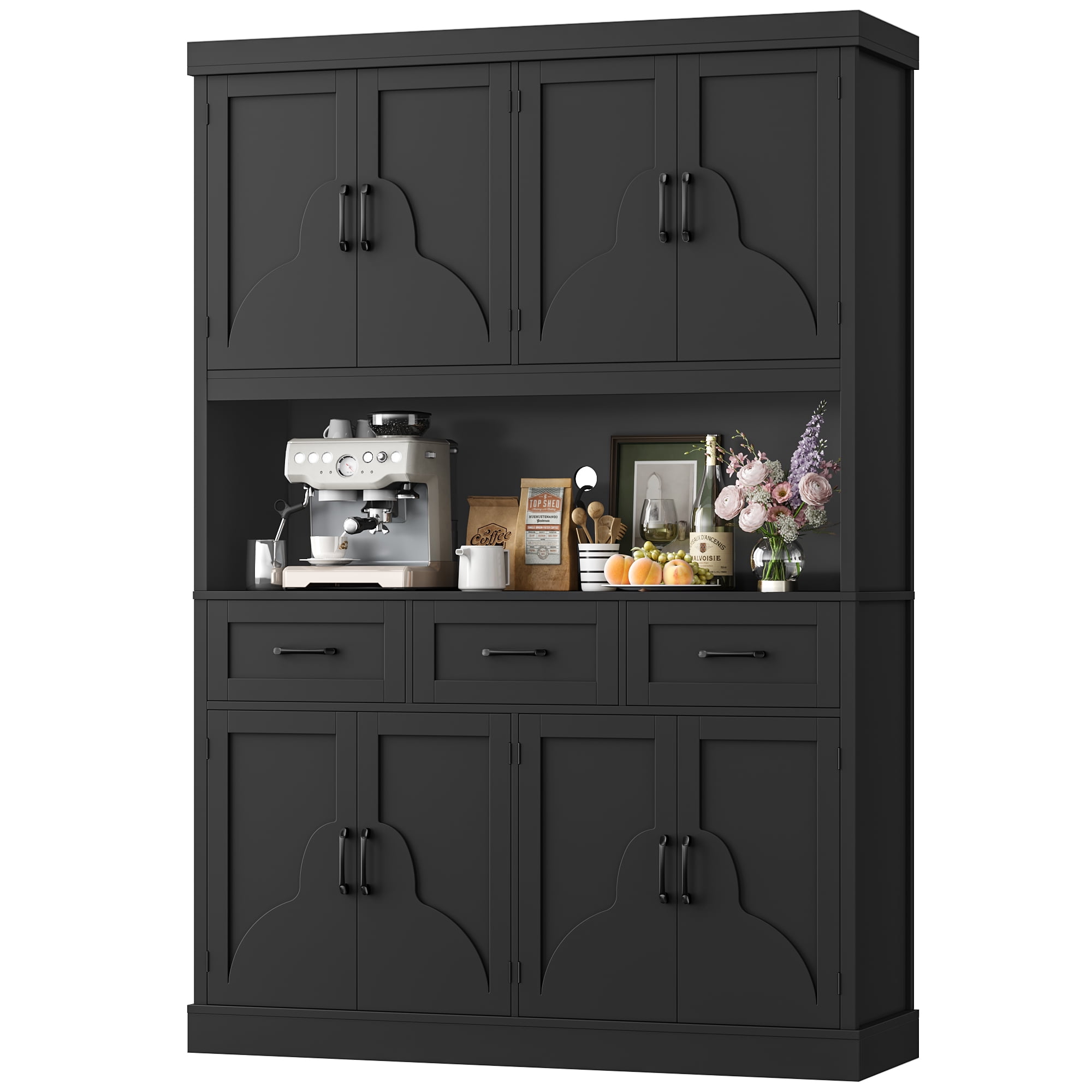 Homfa 76" Tall Kitchen Pantry Cabinet, Modern Storage Cabinet with Microwave Stand, Freestanding Cupboard with 3 drawers, Hutch Cabinet for Living Dining Room, Black