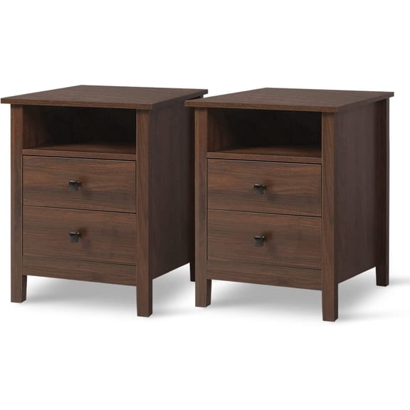 LAZZO Nightstands Set of 2, 2-Drawer Farmhouse Wooden Nightstand for Bedroom and Living Room, Brown