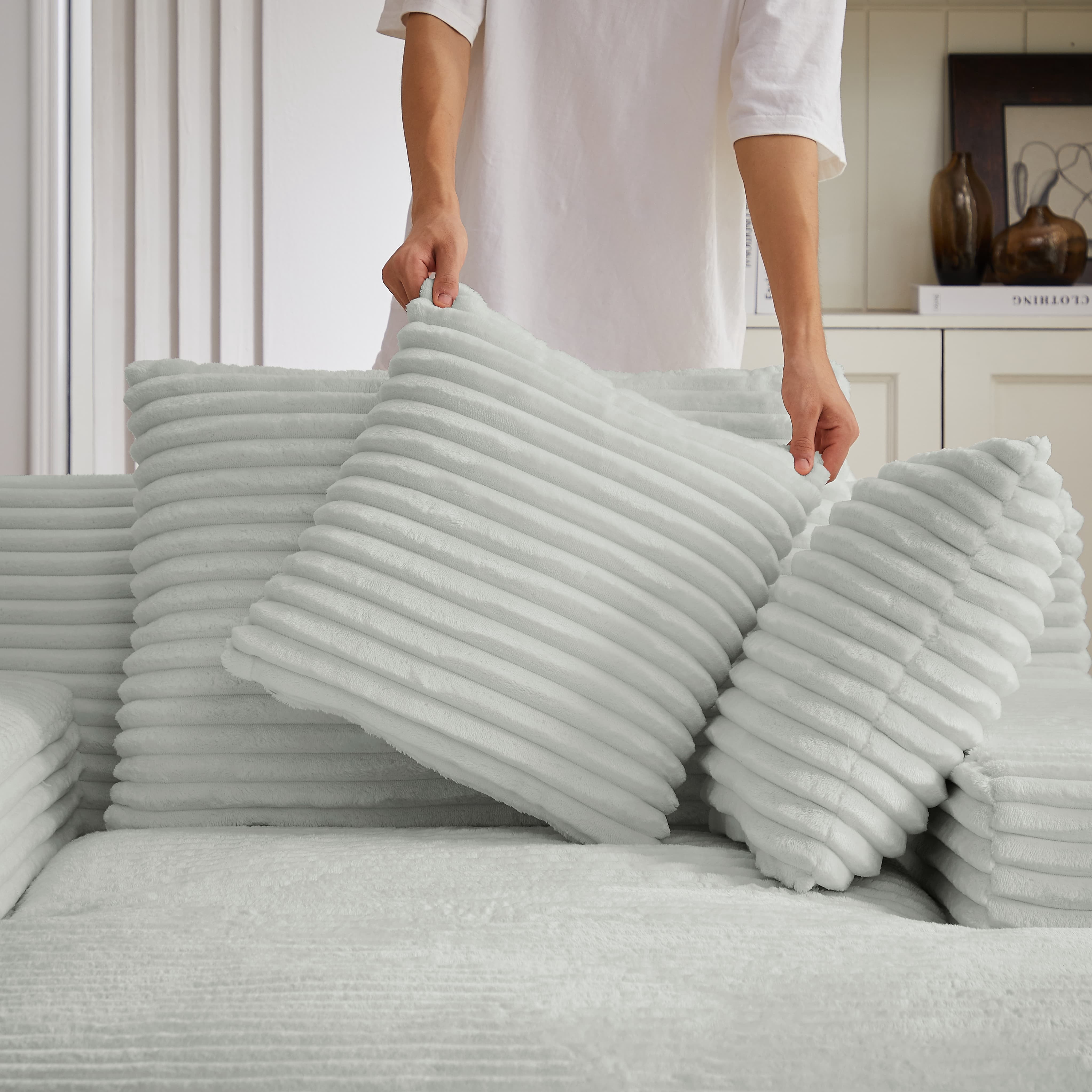 MAYEERTY Oversized Corduroy Chaise Lounge Sofa, Modern Couch with Spring Cushion for Living Room, 49*66*28"Light Grey