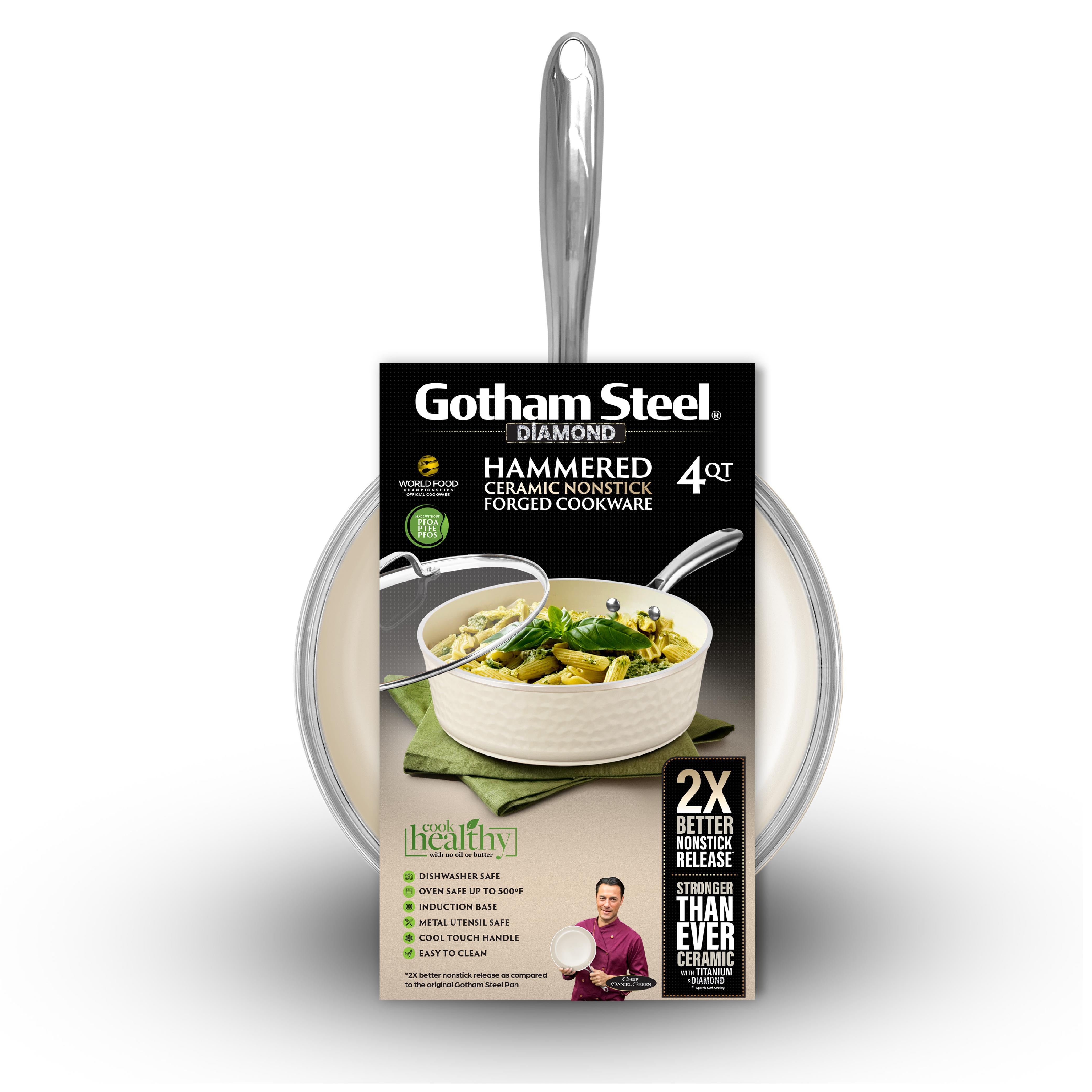 Gotham Steel Hammered 4 Quart Ceramic Frying Pan Non Stick with Lid, Nonstick Sauce Pan, Jumbo Cooker Cooking Pan Sauté Pan, Ceramic Family Pan, Frying Pans Nonstick with Lid, Cream